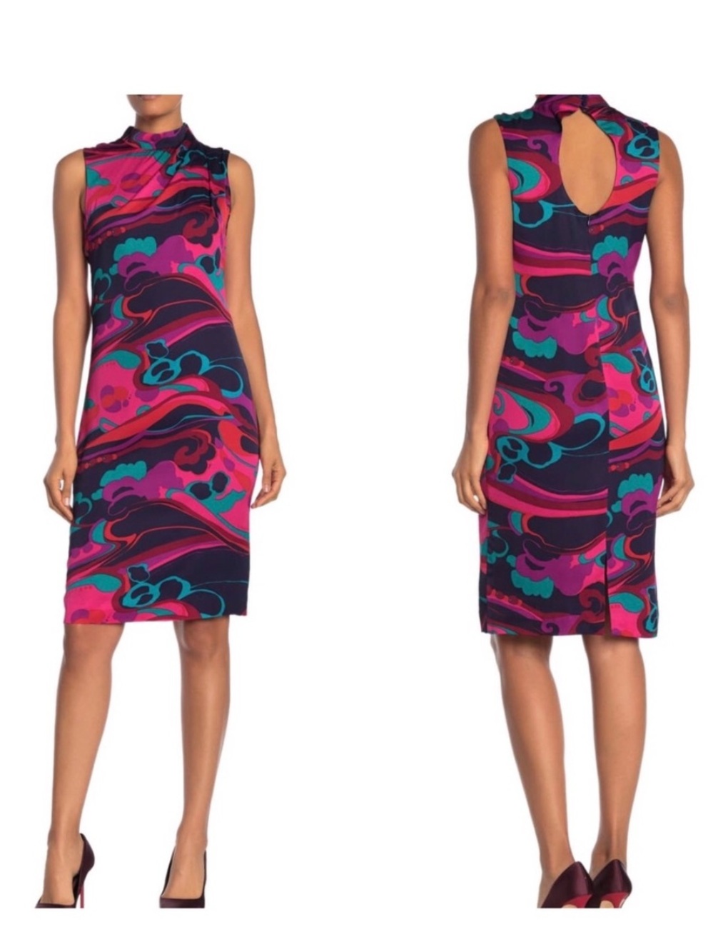 Trina Turk Around Midnight Retro Psychedelic Print Midi Shift Dress Sz 8 Pink
